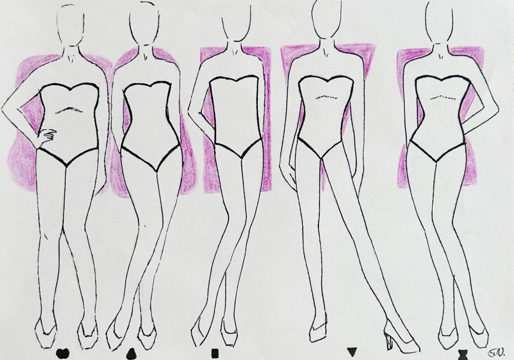 Modedesigns für Damenfiguren in verschiedenen Posen und Stilen, skizziert in Schwarz und Pink.